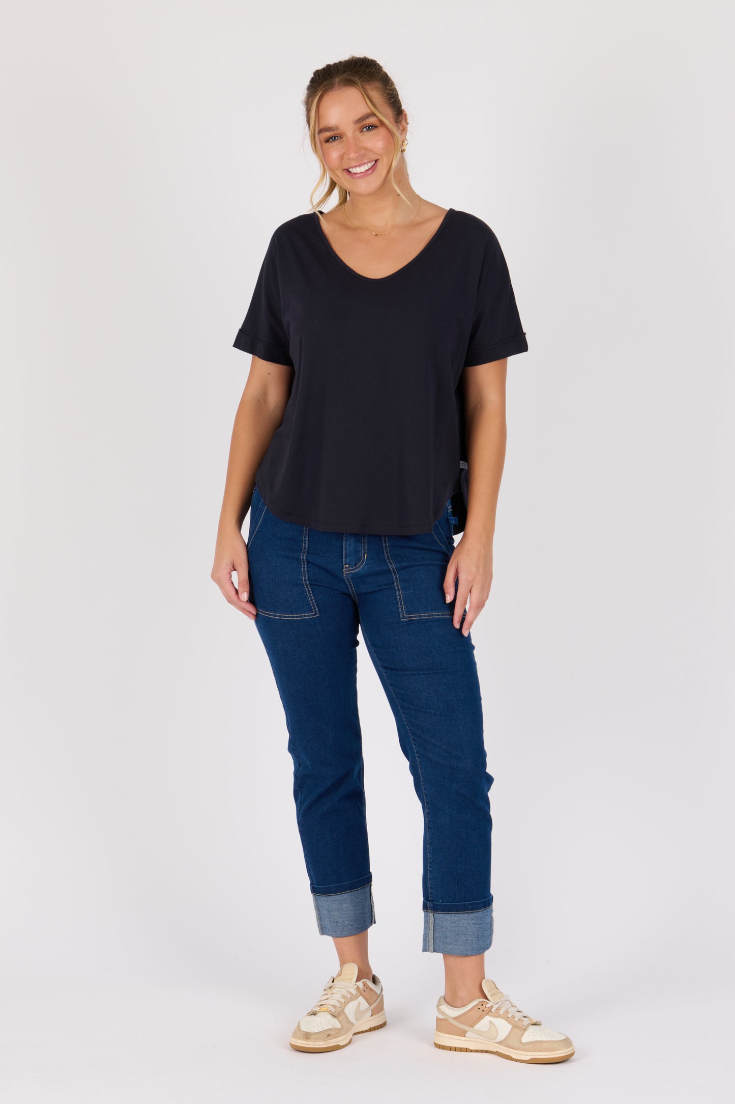 V-Neck Curve Hem Tee - Blue Graphite