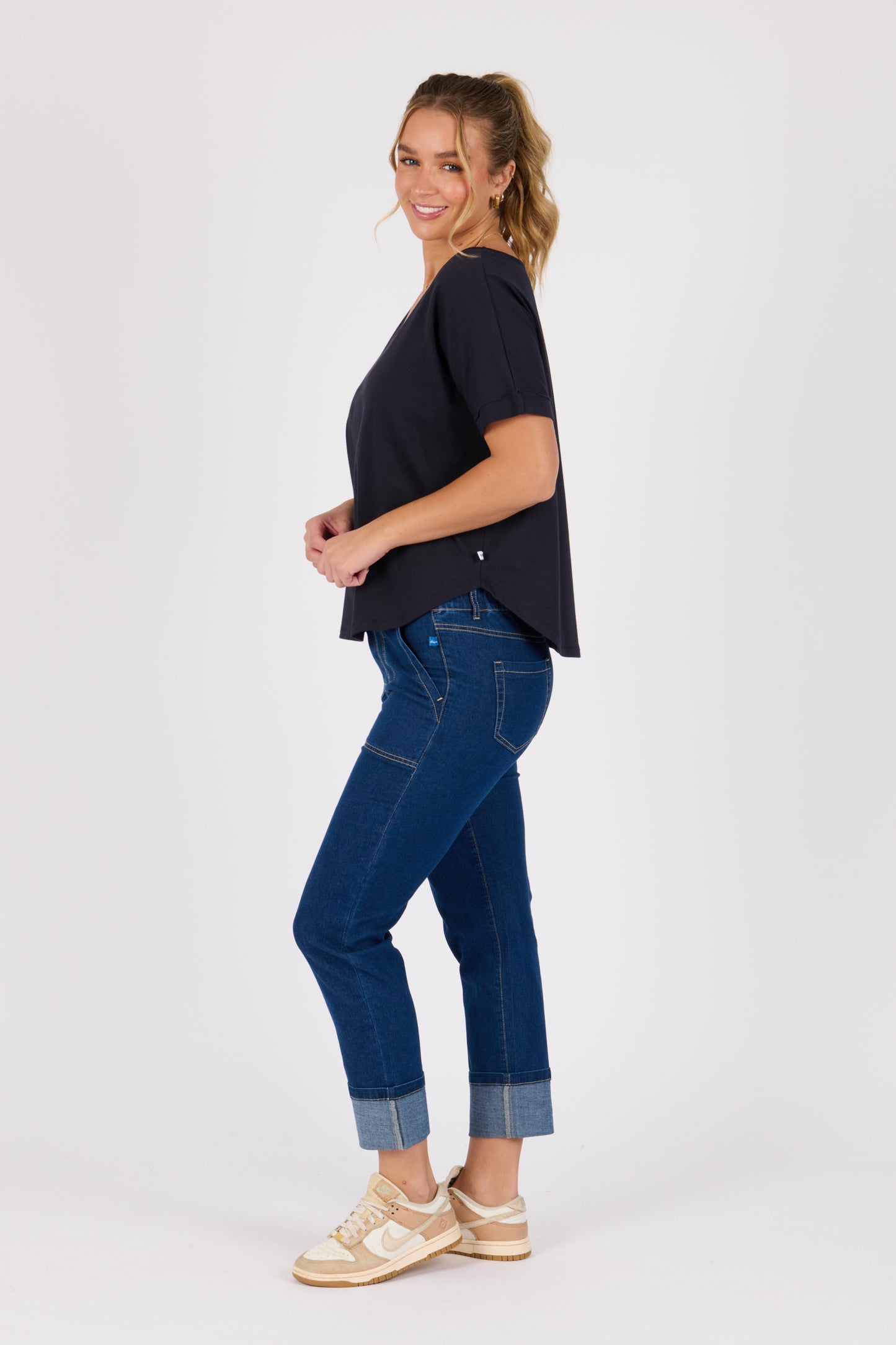 V-Neck Curve Hem Tee - Blue Graphite