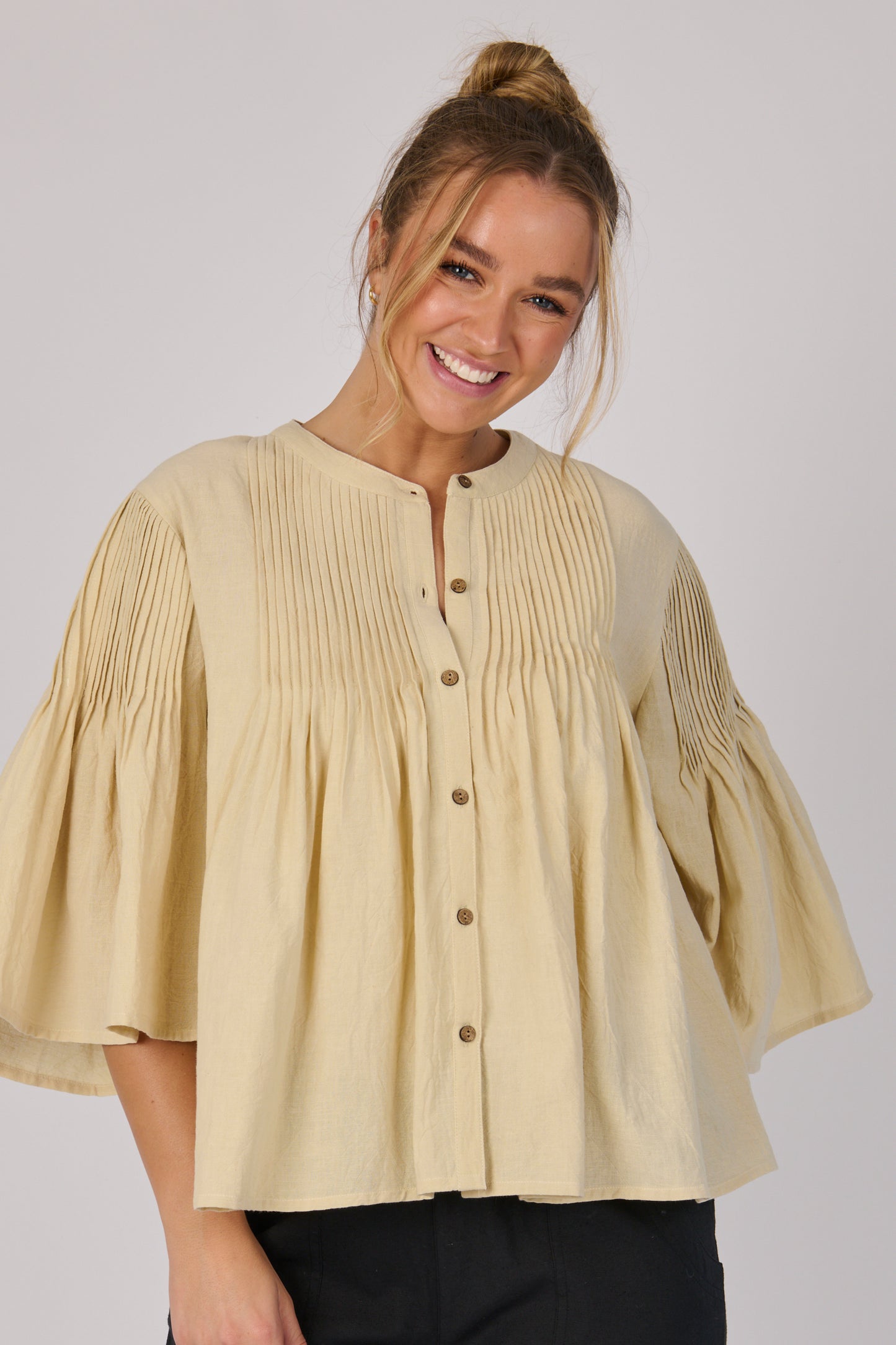 Pleat Front Blouse- Wheat
