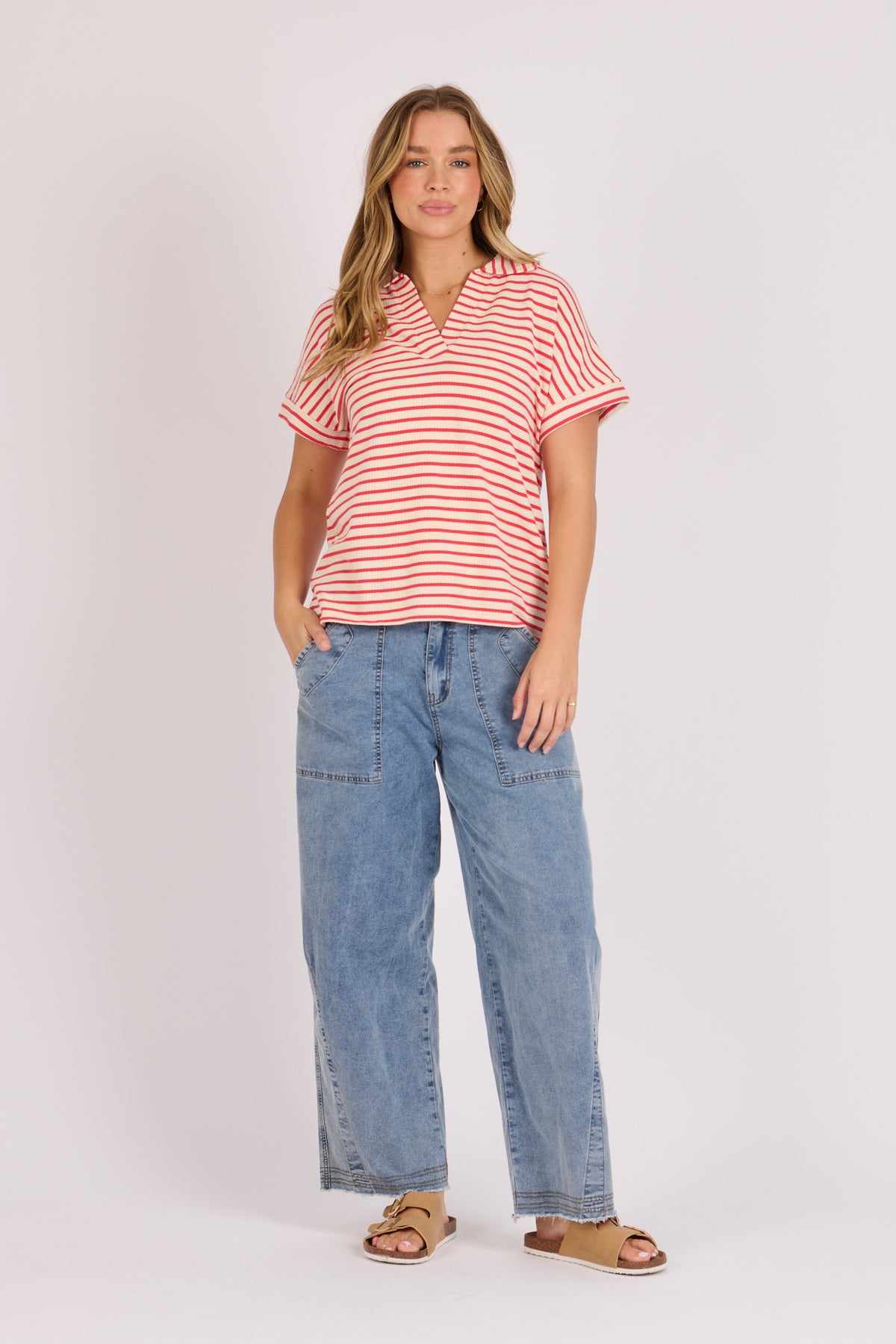 Collared Relaxed Tee - Berry Stripe