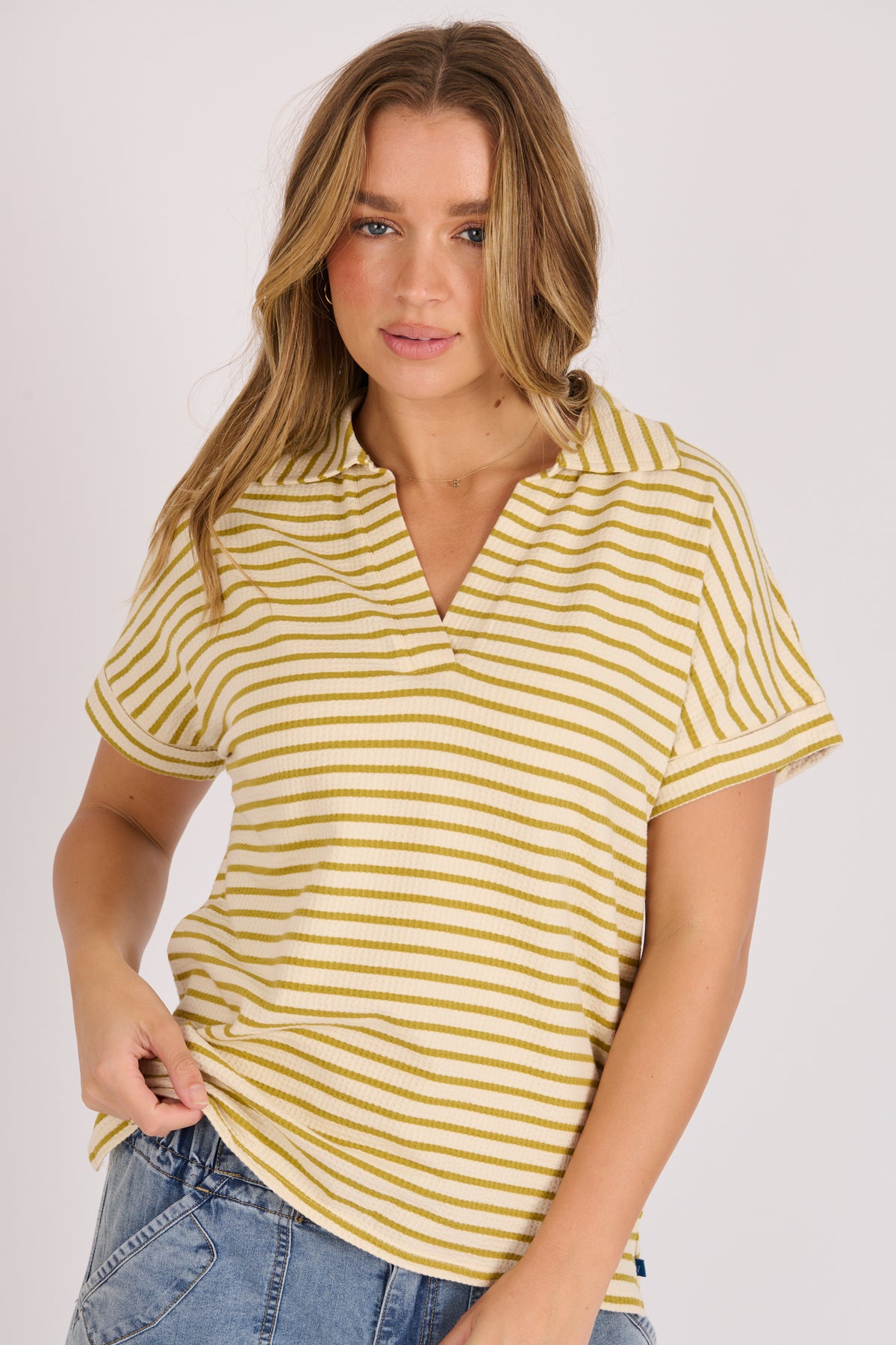 Collared Relaxed Tee - Chartreuse Stripe