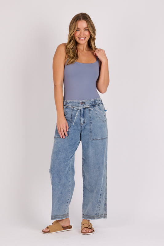 Tie Waist Baggy Jean - Mid Blue