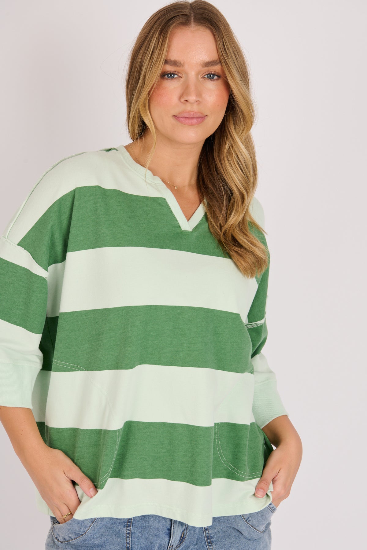 Half Sleeve Pop Over - Green Blue Stripe