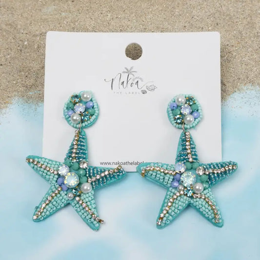 Starfish Beaded Earrings - Blue