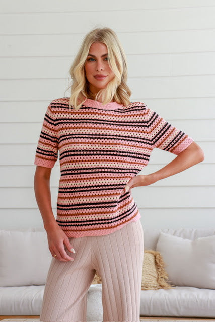 
            
                Load image into Gallery viewer, Retro Crotchet Knit Top - Pink &amp;amp; Chocolate
            
        