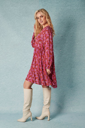 Tiered L/S Dress - Vine Floral Print