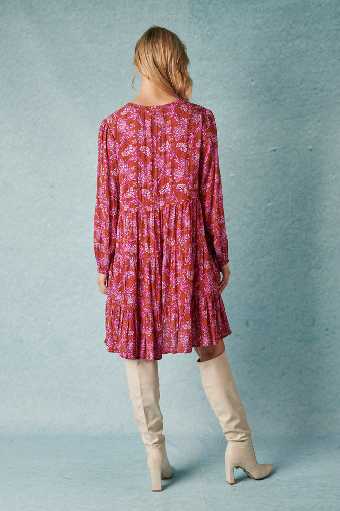 Tiered L/S Dress - Vine Floral Print
