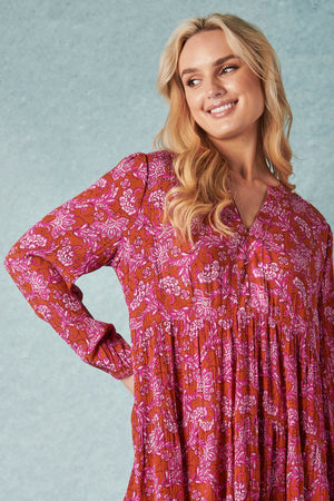 Tiered L/S Dress - Vine Floral Print