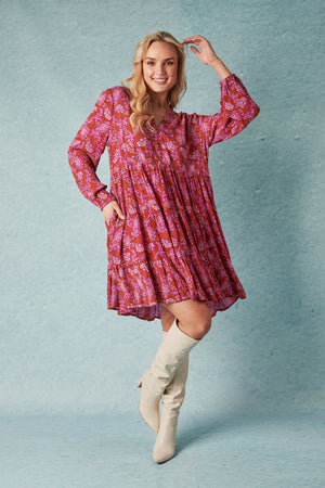 Tiered L/S Dress - Vine Floral Print
