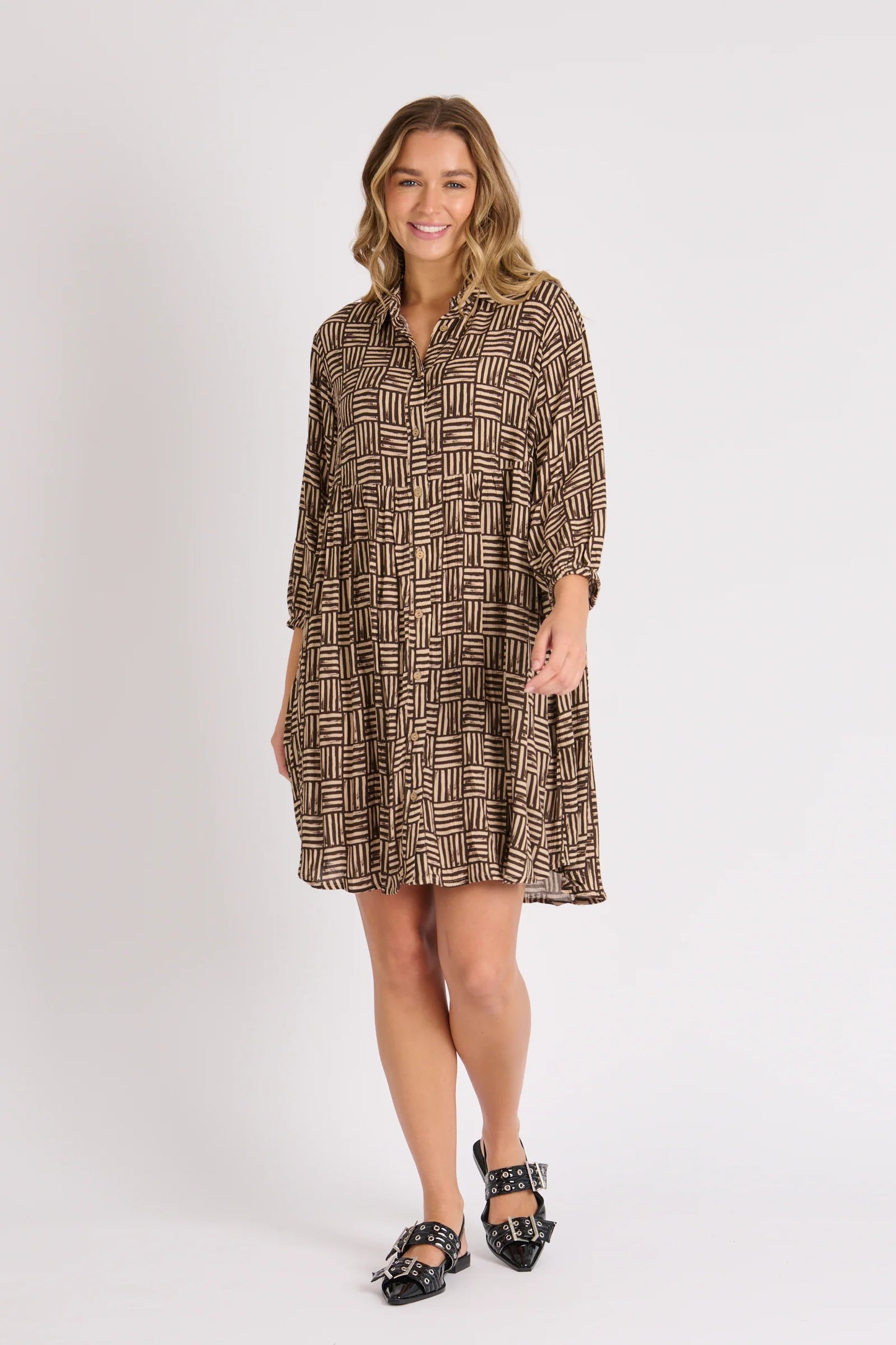 Button Through Dress - Brown