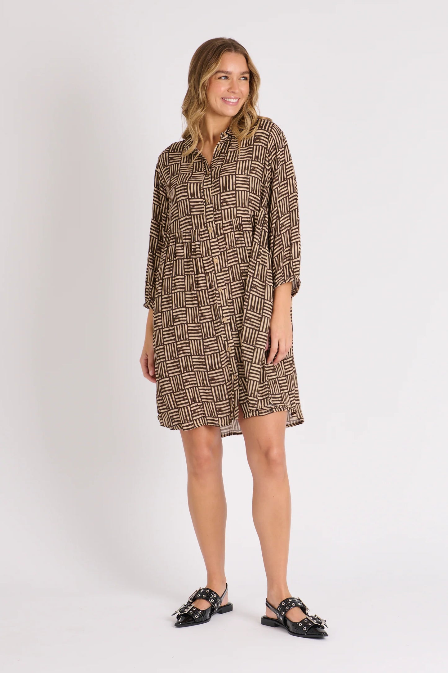 Button Through Dress - Brown