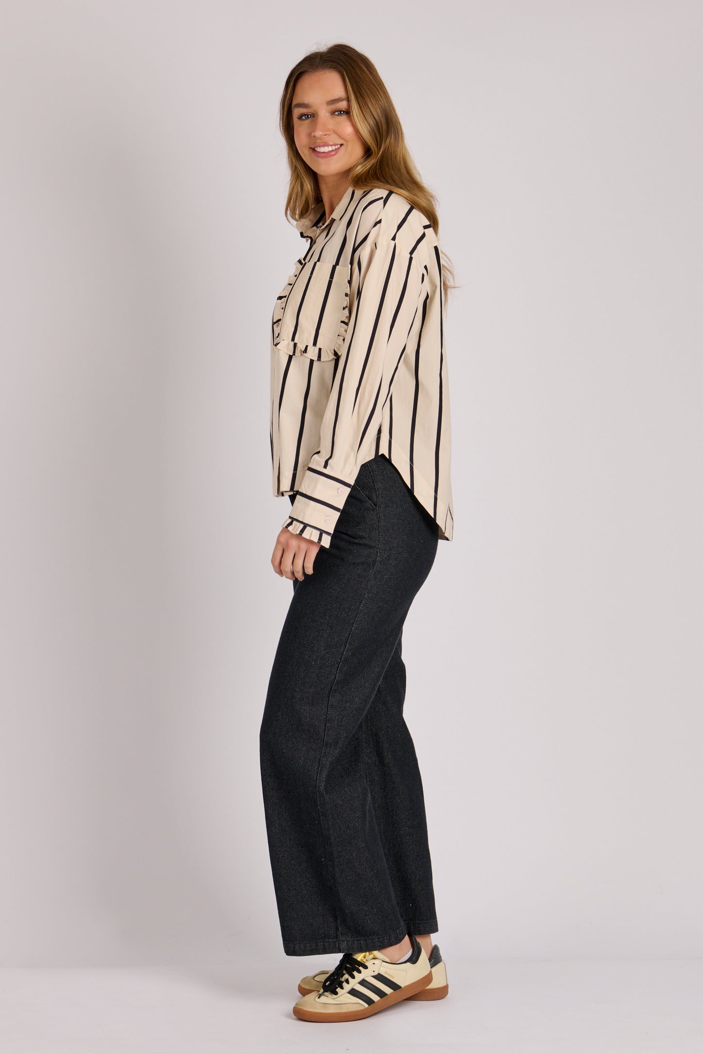 Frill Pocket Stripe Shirt- Ecru/Black