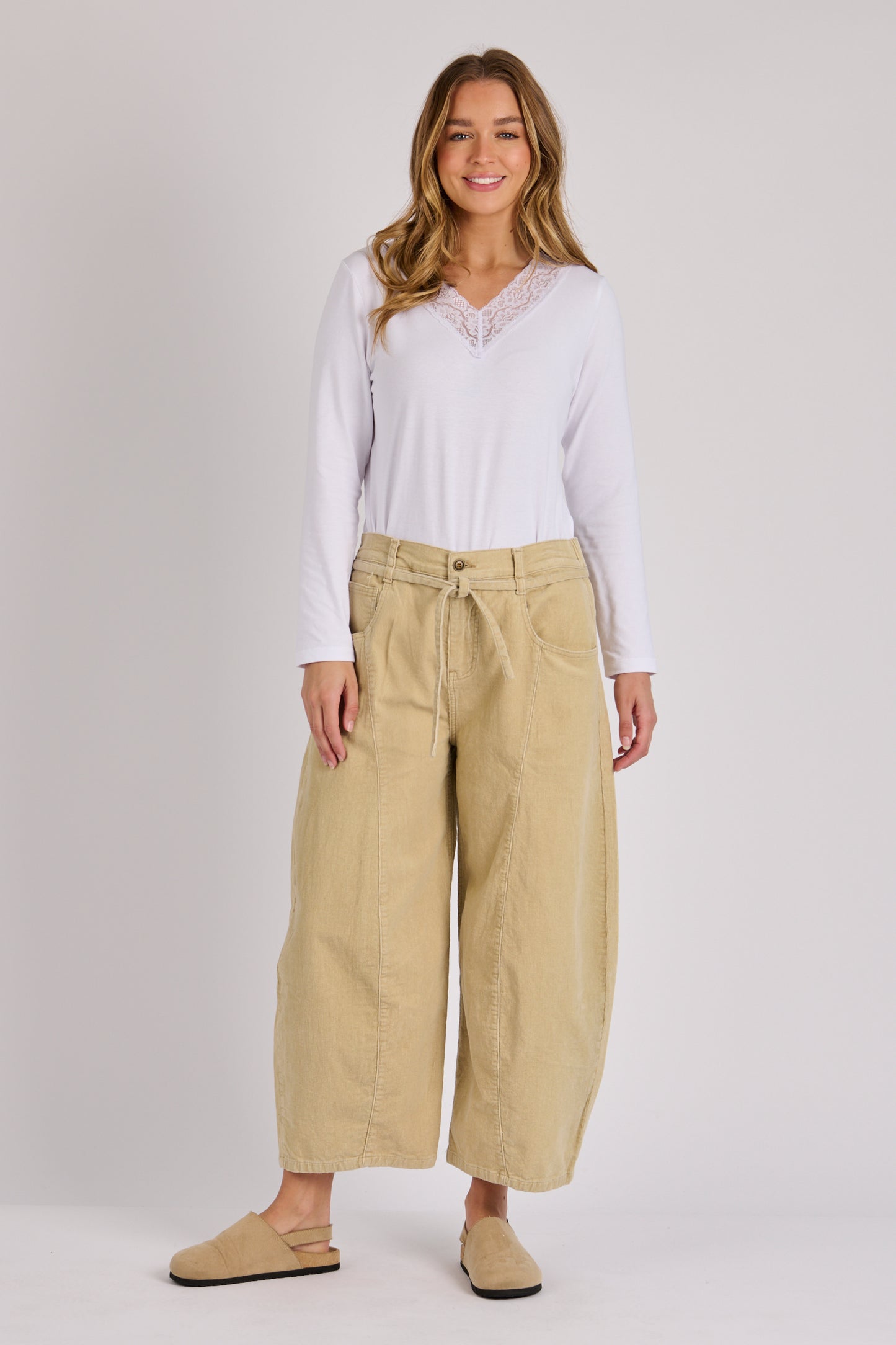 Cord Barell Leg Pants- Stone