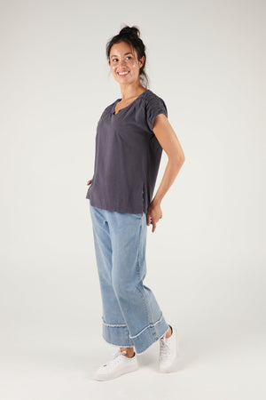 Ruched Shoulder Detail Tee - Ink