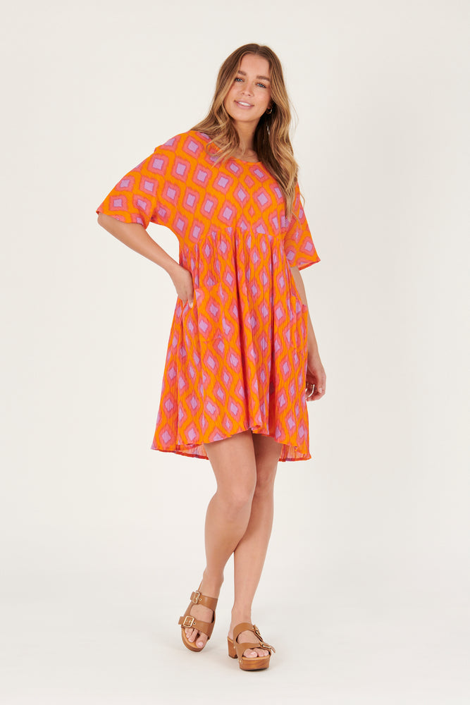 Patch Pocket Dress - Pink/Diamond Print