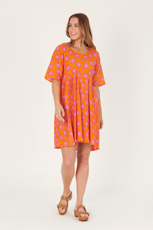 Patch Pocket Dress - Pink/Diamond Print