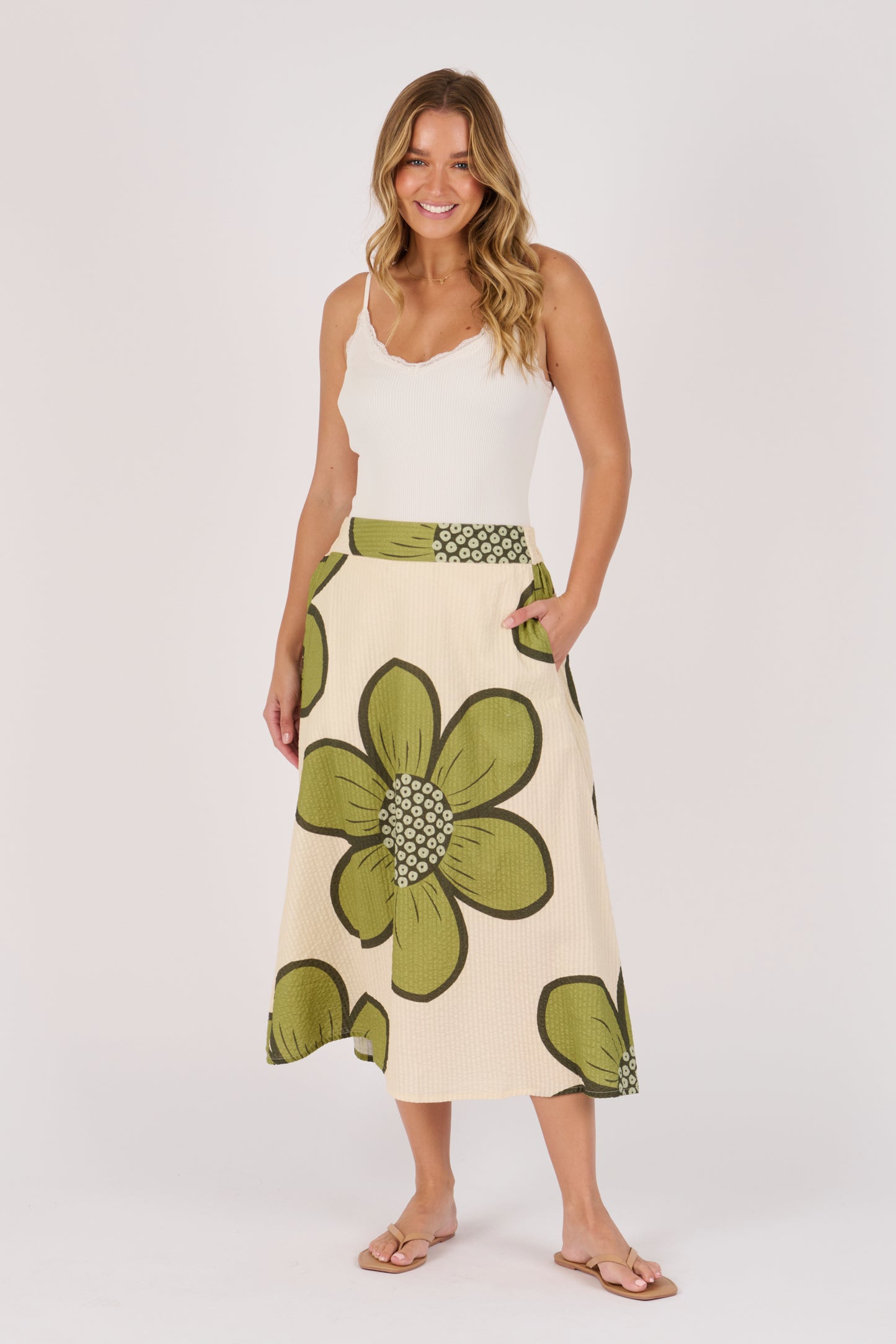 Gathered Waist Skirt - Green Floral