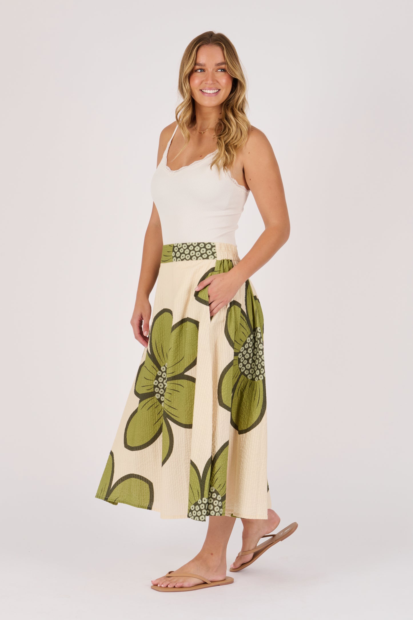 Gathered Waist Skirt - Green Floral