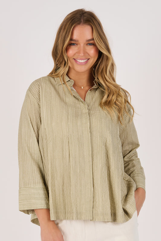 Pleat Detail Shirt - Sage Stripe