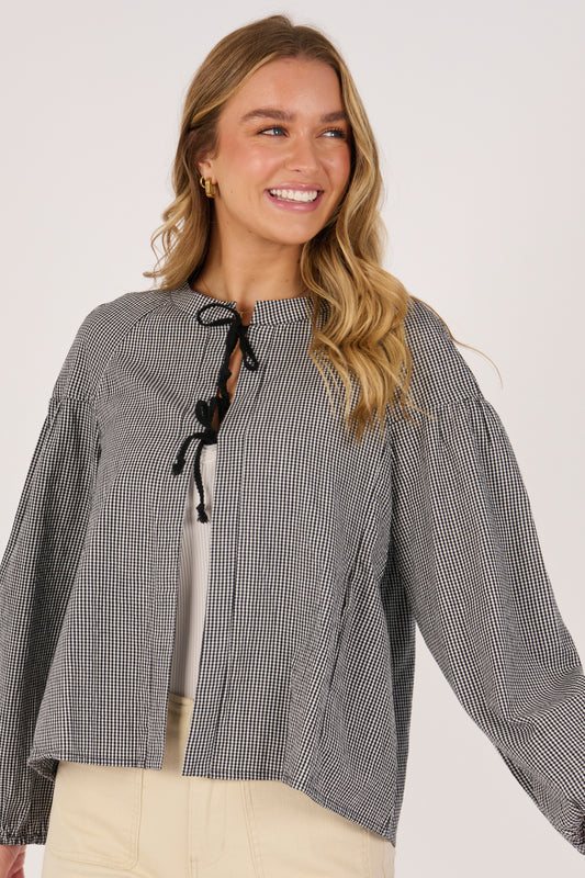 Tie Front Jacket- Black Check
