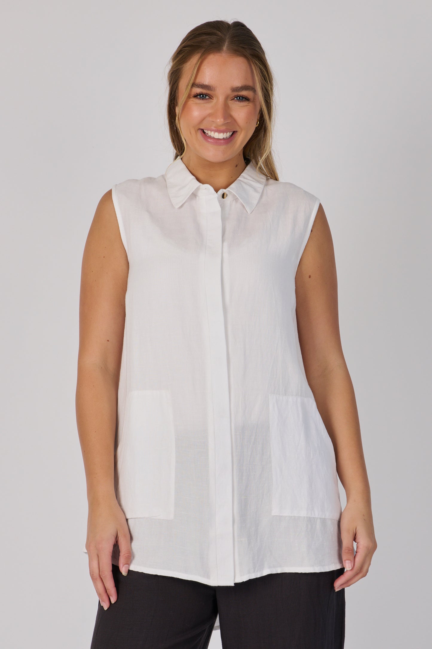 Sleeveless Button Through Top- White