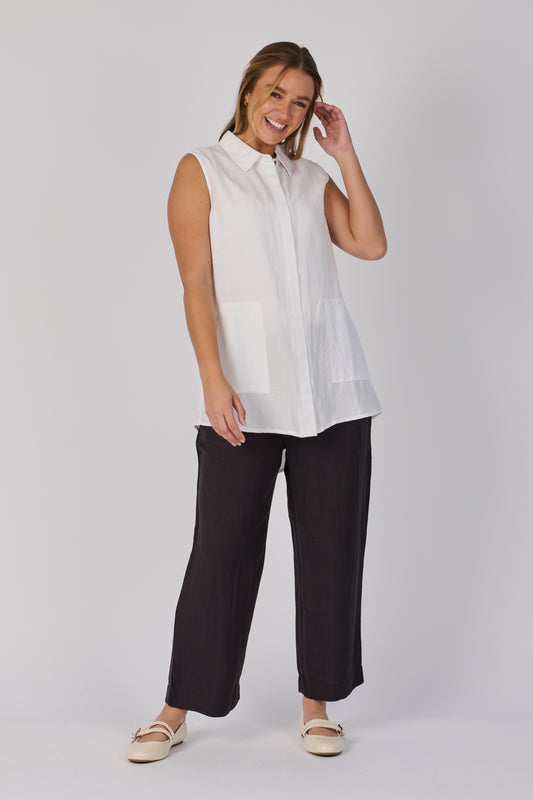 Sleeveless Button Through Top- White