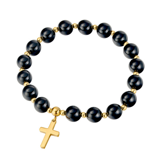 Allure Beaded Bracelet w Cross- Black