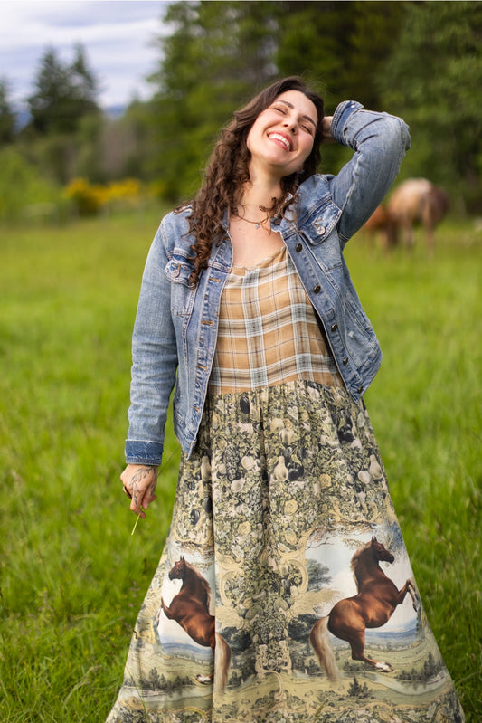 Born To Run Bohéme Long Maxi Slip Dress w/ Horse & Plaid
