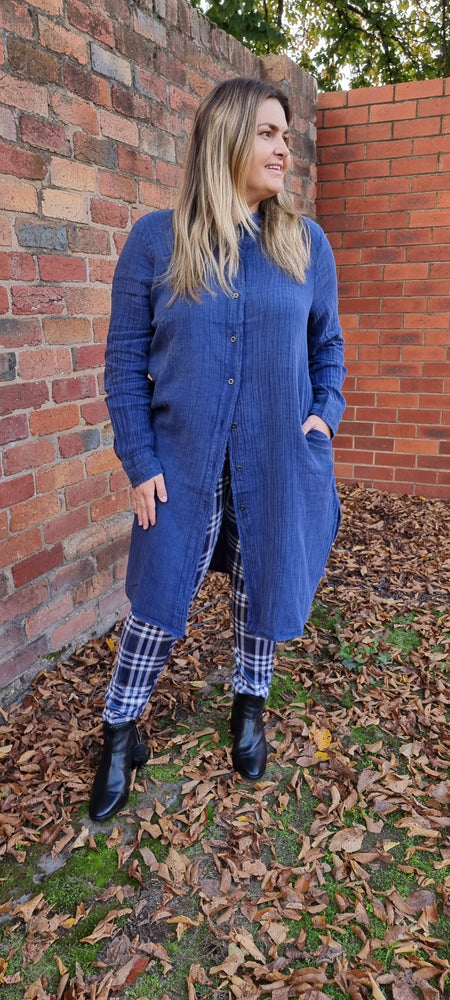Long Sleeve Side Split Midi Shirt - Washed Blue