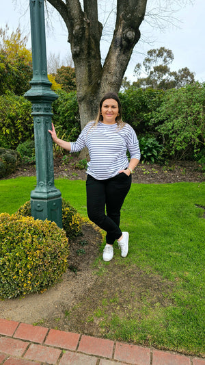 Matilda 3/4 Sleeve Tee - Navy White Stripe