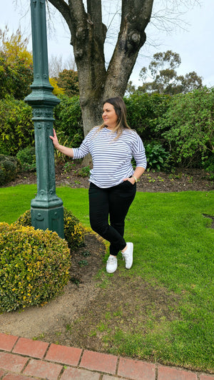 Matilda 3/4 Sleeve Tee - Navy White Stripe