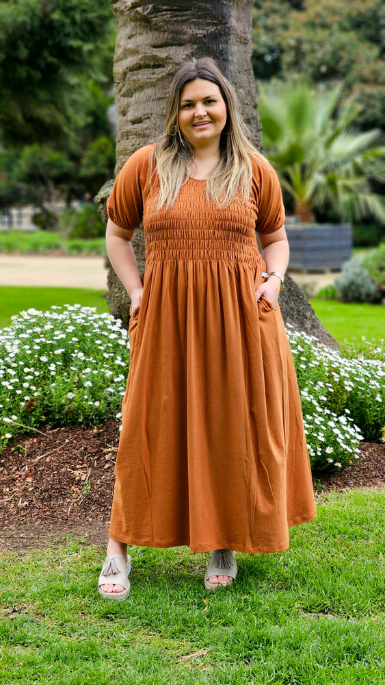 
            
                Load image into Gallery viewer, Natalie Shirred Bodice Maxi - Caramel
            
        