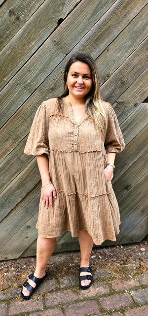 
            
                Load image into Gallery viewer, Bubble Sleeve Tiered Dress - Washed Caramel
            
        
