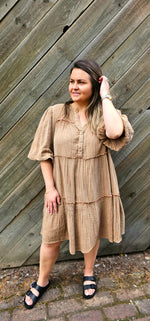Bubble Sleeve Tiered Dress - Washed Caramel