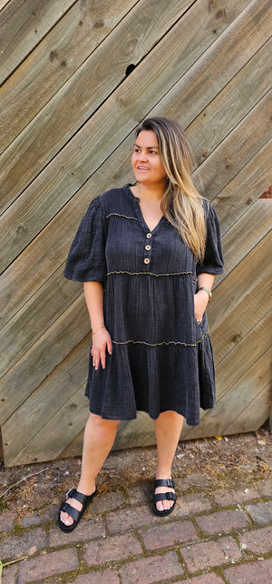 Bubble Sleeve Tiered Dress - Washed Black