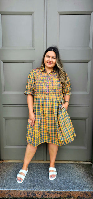
            
                Load image into Gallery viewer, Shirred Bodice Dress - Multi Check
            
        