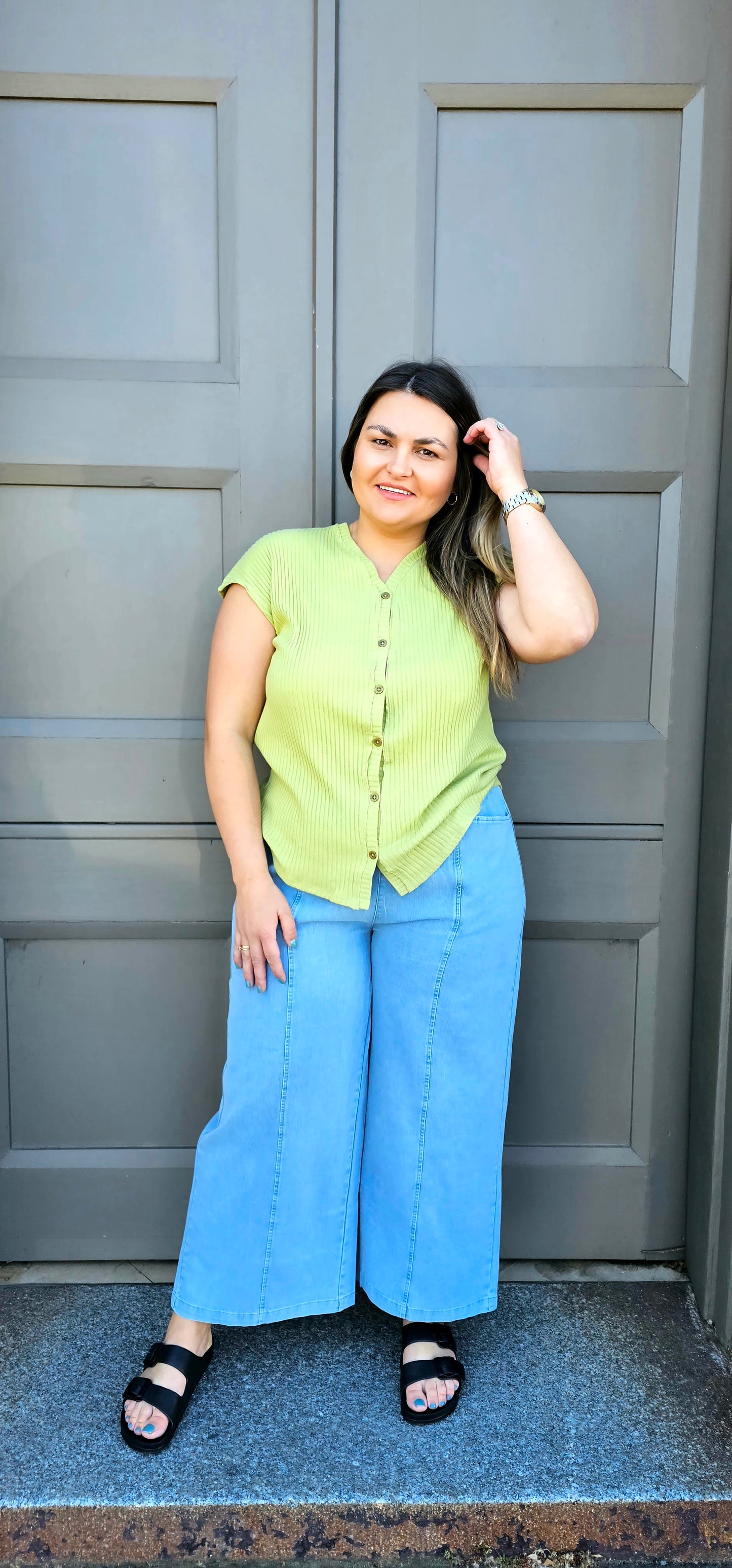 Button Front Tee - Apple
