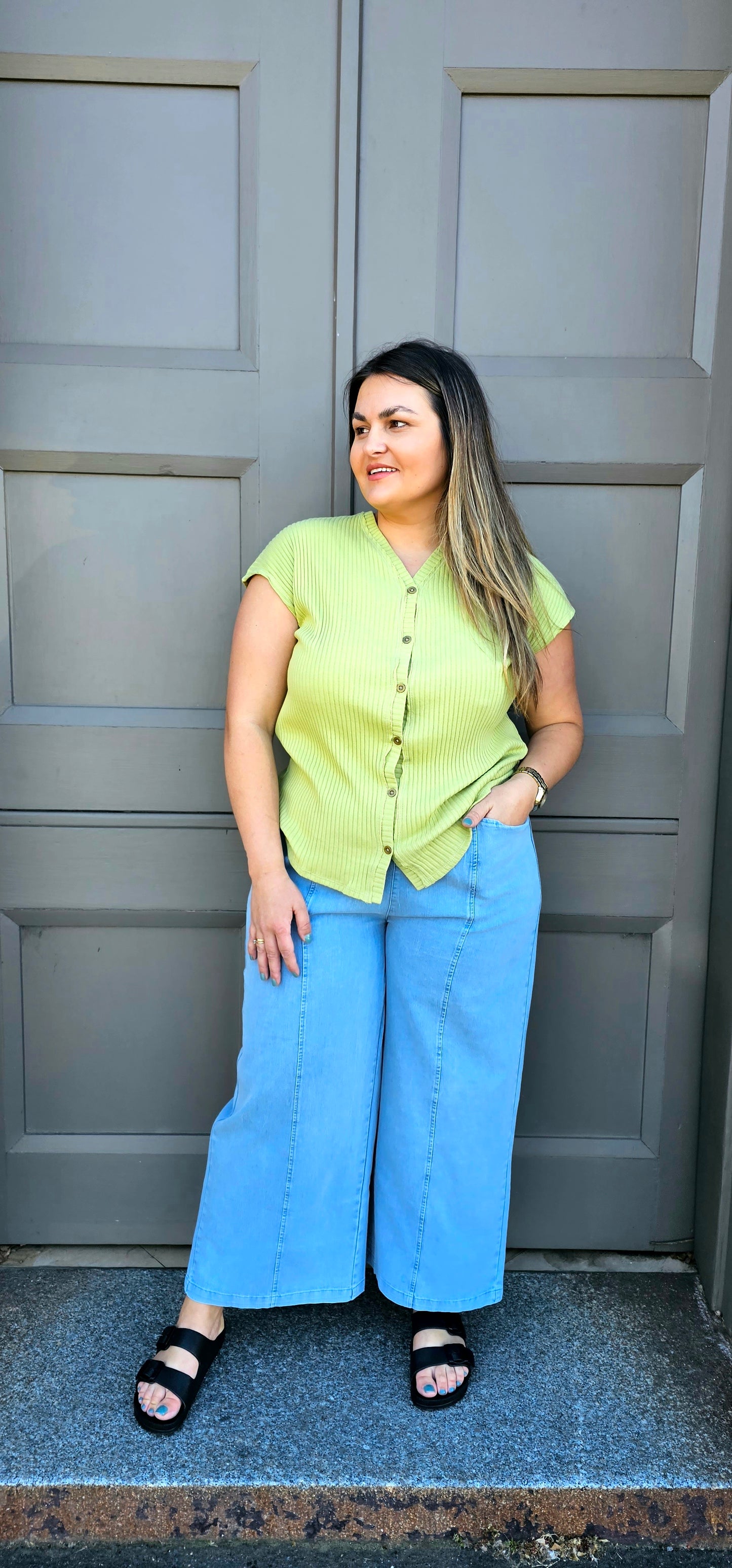 Button Front Tee - Apple