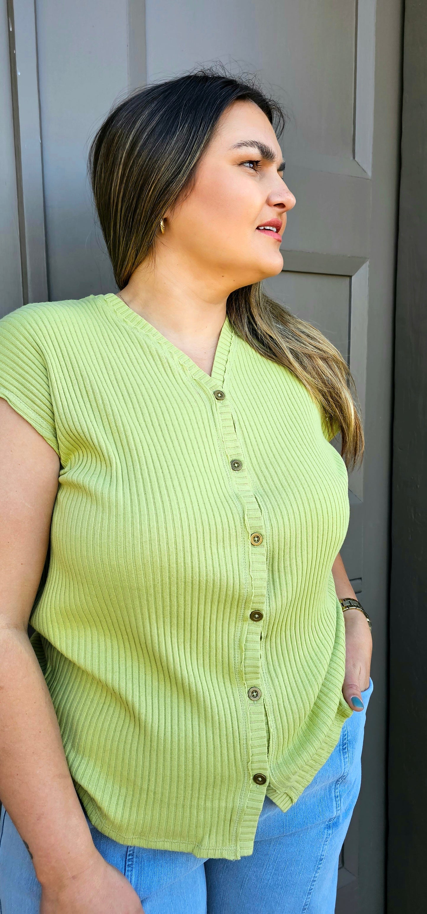 Button Front Tee - Apple