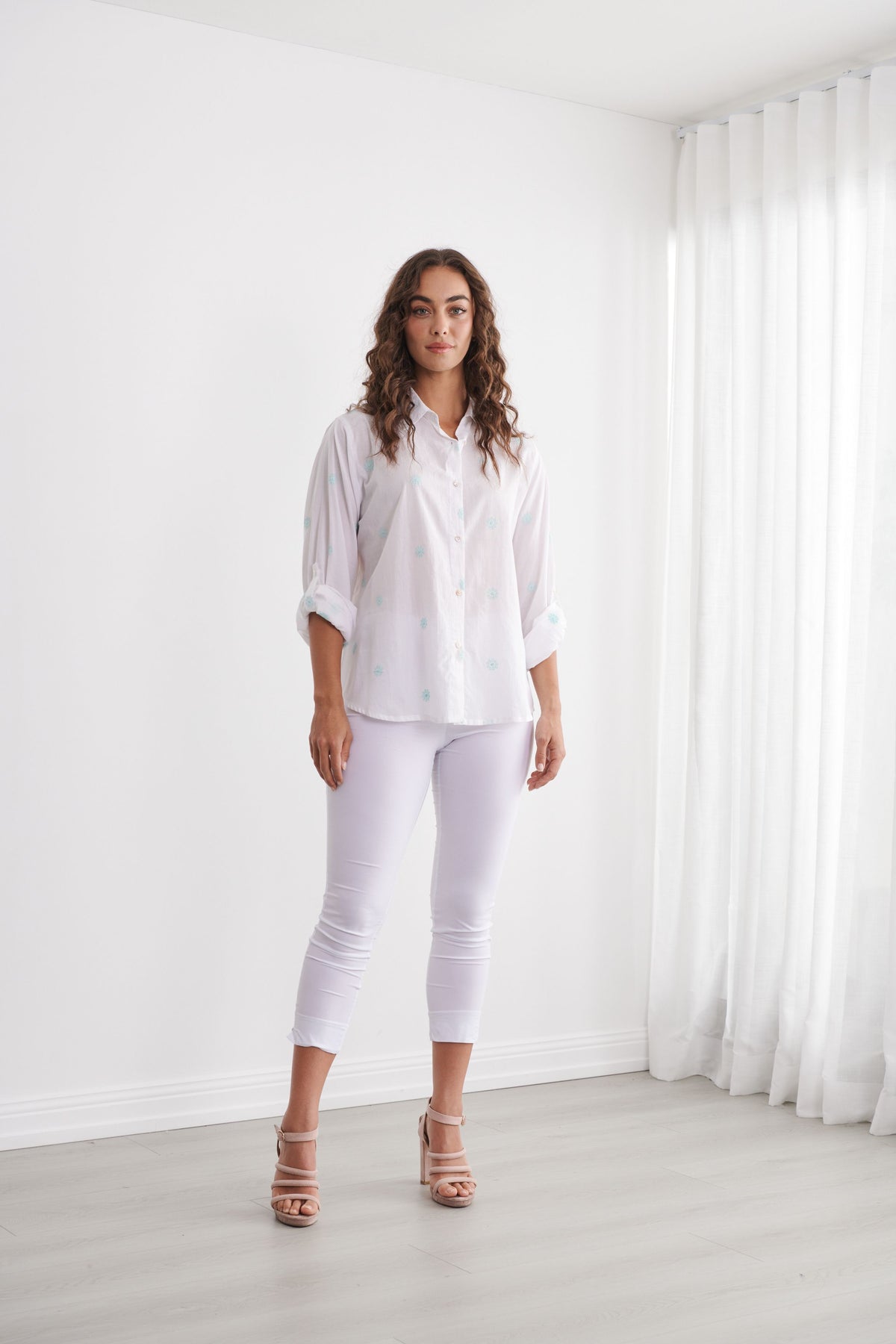Caju Collared Shirt Floral Motif -  White