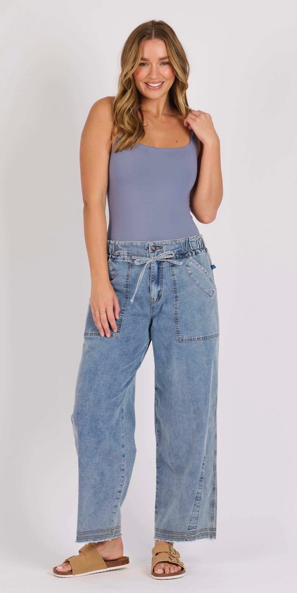 Tie Waist Baggy Jean - Mid Blue