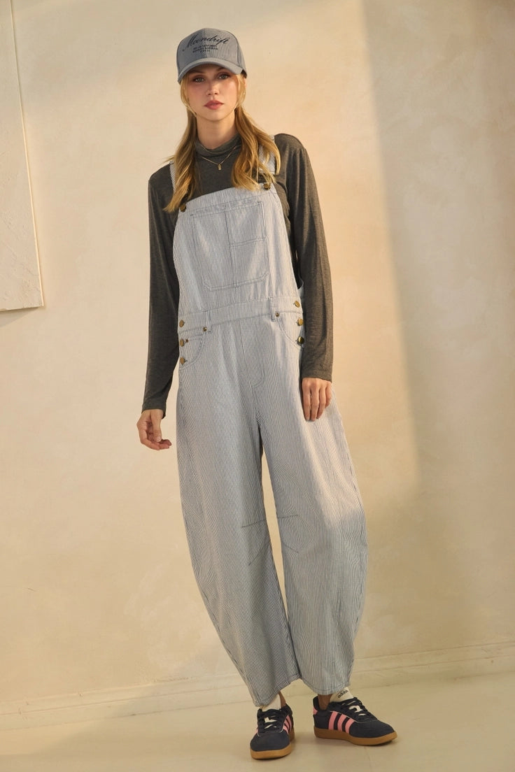 Pinstriped Barrel Leg Overalls- Blue