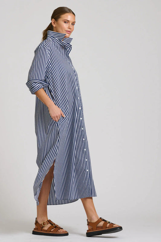 The Luna Shirt Dress- Navy Stripe