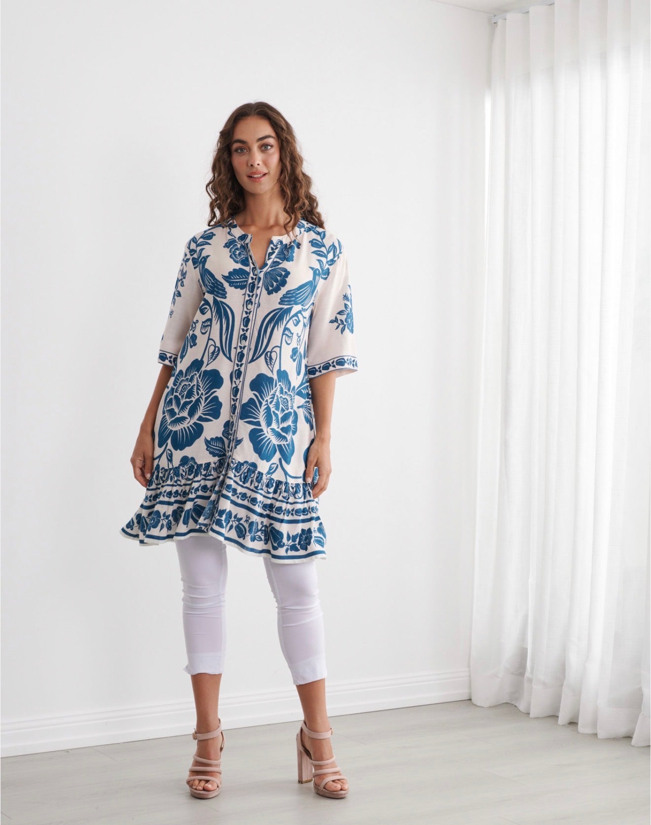 Caju Drop Waist Printed Dress Blue / White