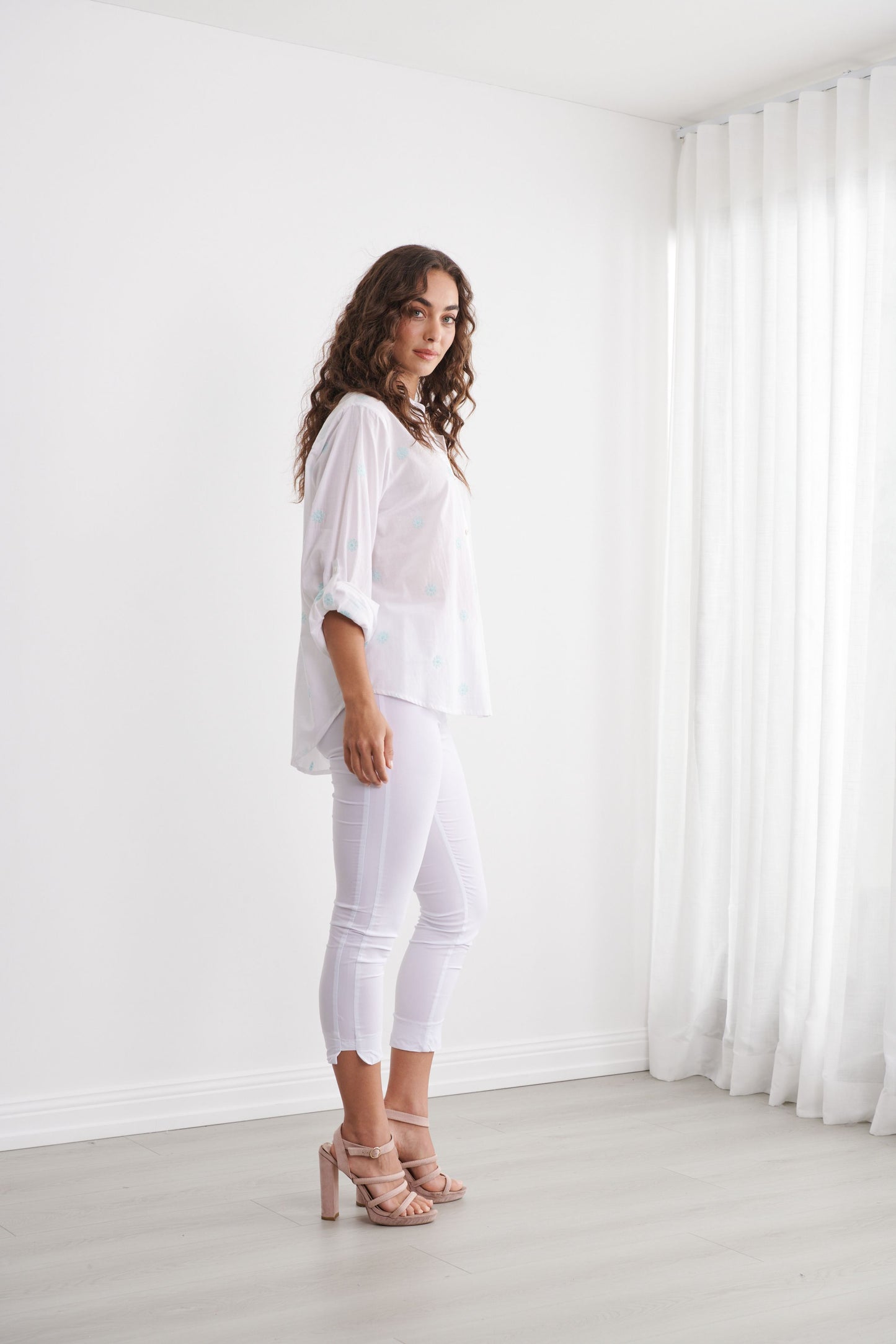 Caju Collared Shirt Floral Motif -  White