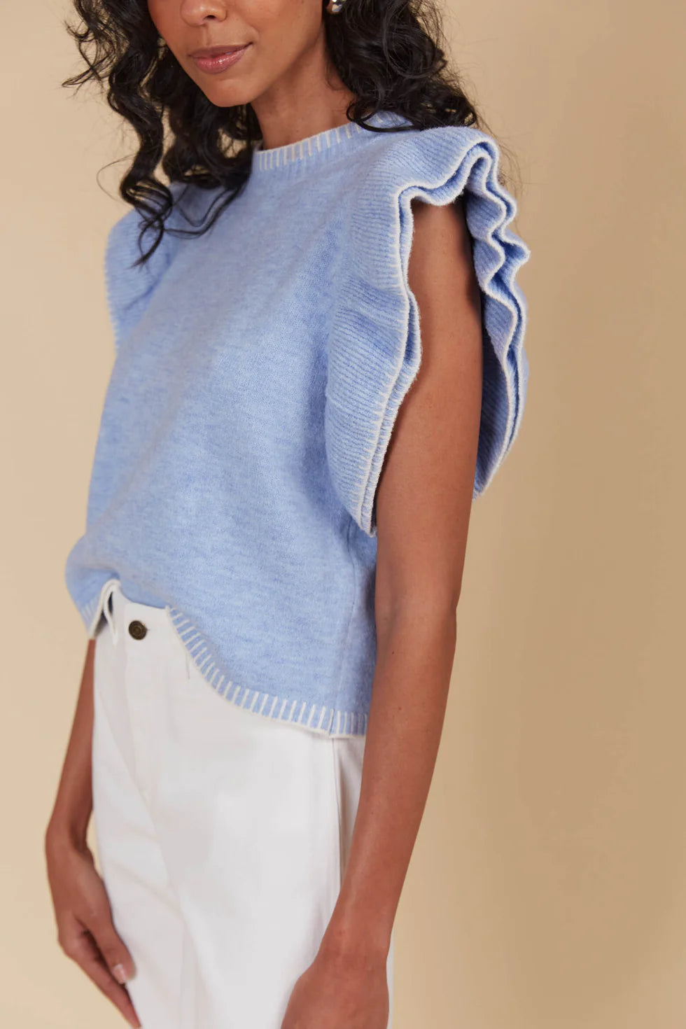 Athena Frill Knit Top- Sky
