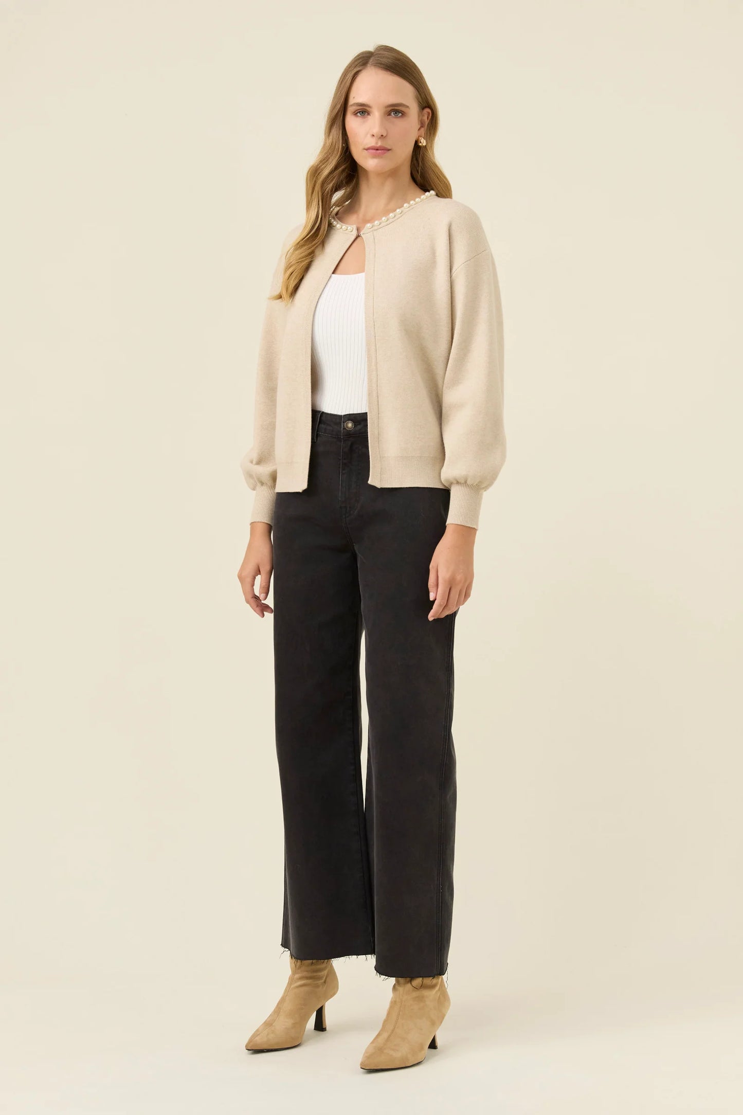 Nell Pearl Cardigan- Stone