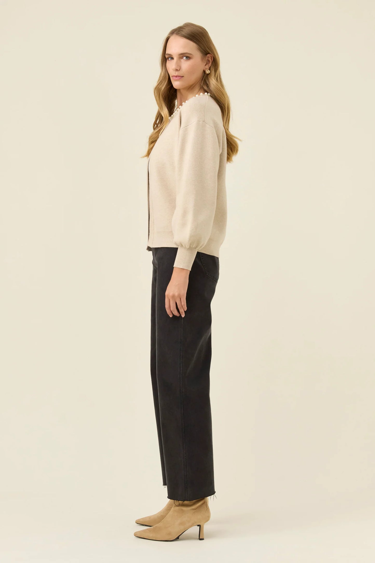 Nell Pearl Cardigan- Stone