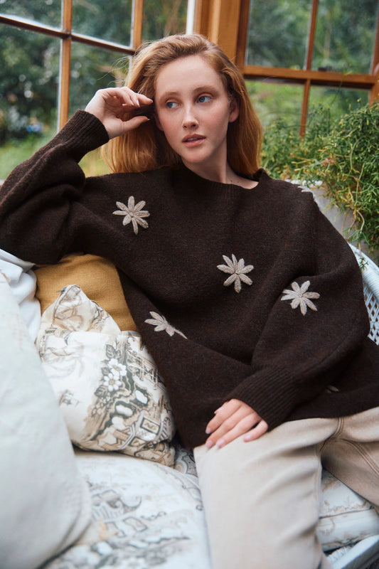 Miru Stitch Flower Jumper - Chocolate