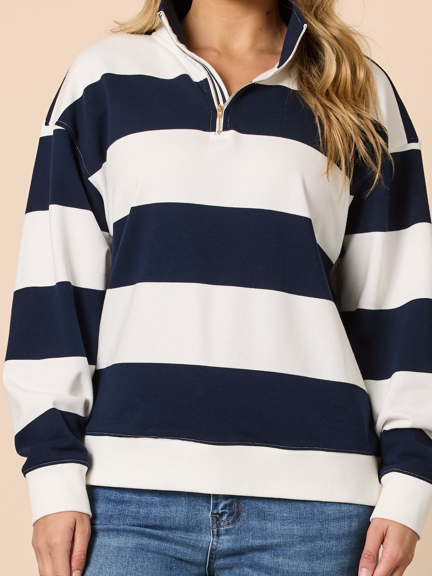 Varsity Stripe Print Zip Sweatshirt - Navy/Ivory